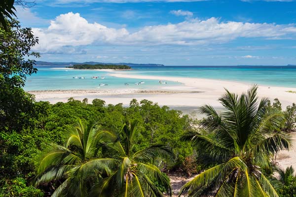 Плаж с бял пясък, зелени палми и море в Мадагаскар