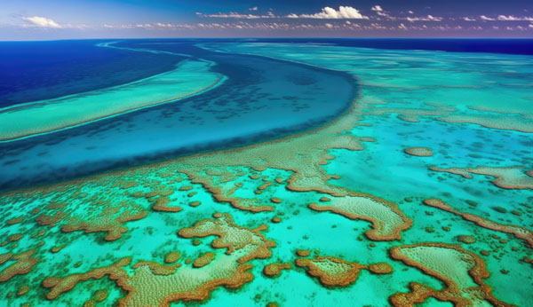 Голям бариерен риф отгоре, тюркоазено море с коралови рифове, Австралия